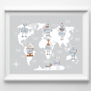 Affiche Carte du Monde Garçons Impression, Art Robot Chamb