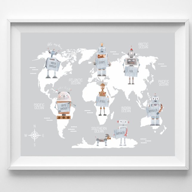 Affiche Carte du Monde Garçons Impression, Art Robot Chamb (Créateur téléchargé)