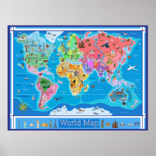 Affiche Carte du monde illustrée des grands enfants - 42 x