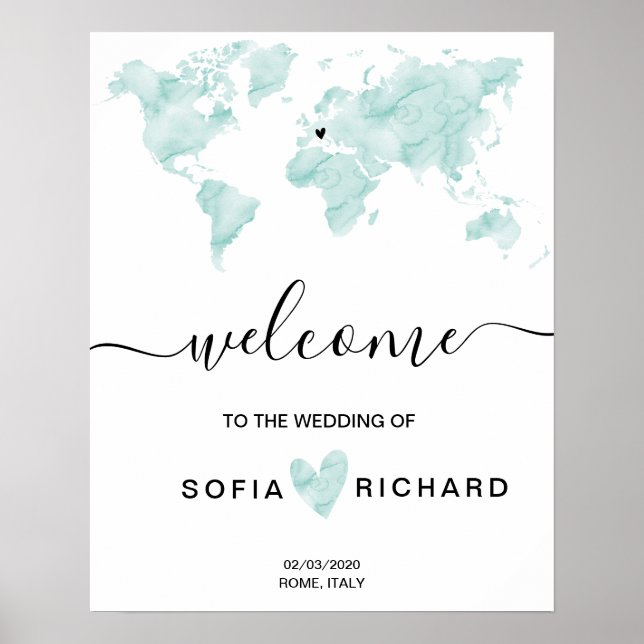 Affiche Carte du monde mariage Aquarelle Coeur amovible (Devant)