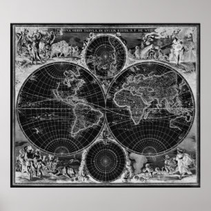 Affiche Carte du monde noir et blanc (1670) Inverse