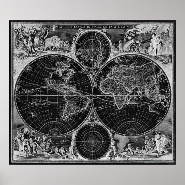 Affiche Carte du monde noir et blanc (1670) Inverse (Devant)