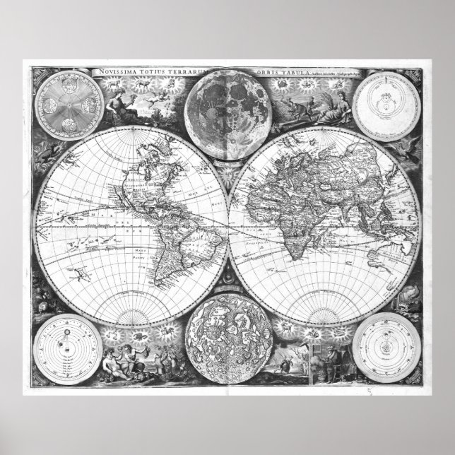 Affiche Carte du monde noir et blanc (1672) (Devant)