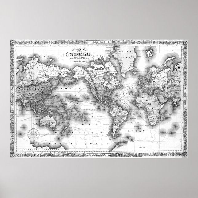 Affiche Carte du monde noir et blanc (1864) 2 (Devant)