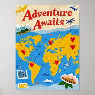Affiche Carte du monde parsemée d'épingles en forme de cœu