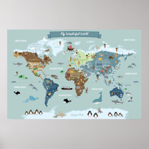Affiche Carte du monde pour enfants avec des illustrations