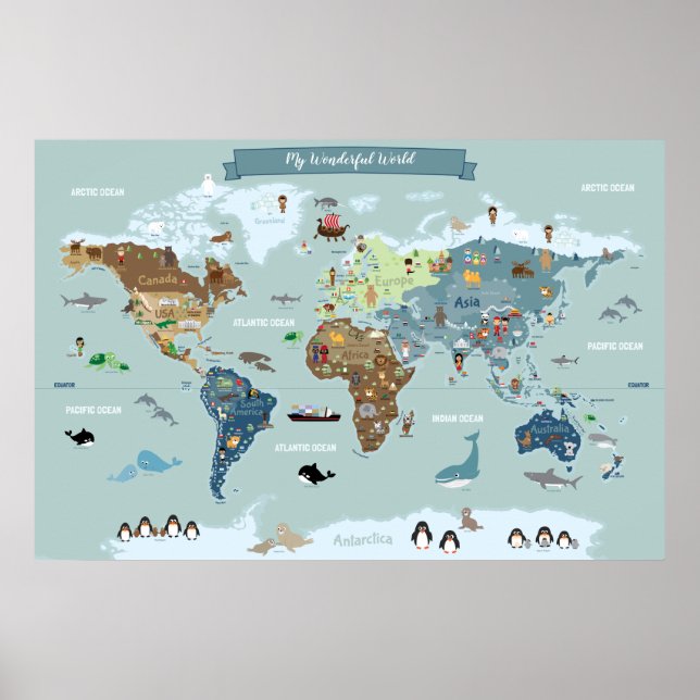 Affiche Carte du monde pour enfants avec des illustrations (Devant)