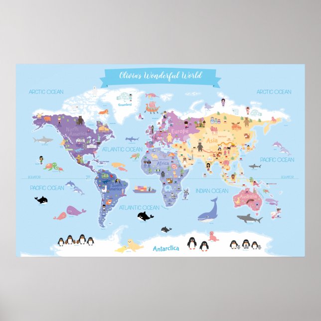 Affiche Carte du monde pour enfants doux et joyeux avec il (Devant)