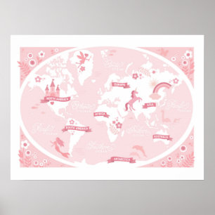 Affiche Carte du monde rose enchanté - Art pour enfants