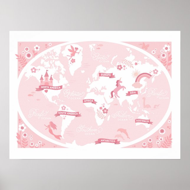 Affiche Carte du monde rose enchanté - Art pour enfants (Devant)