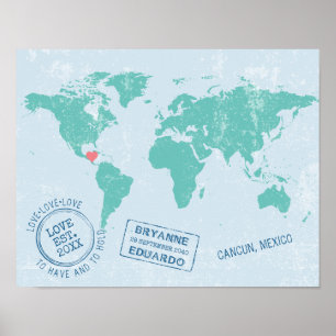 Affiche Carte du monde + Timbres de passeport personnalisé