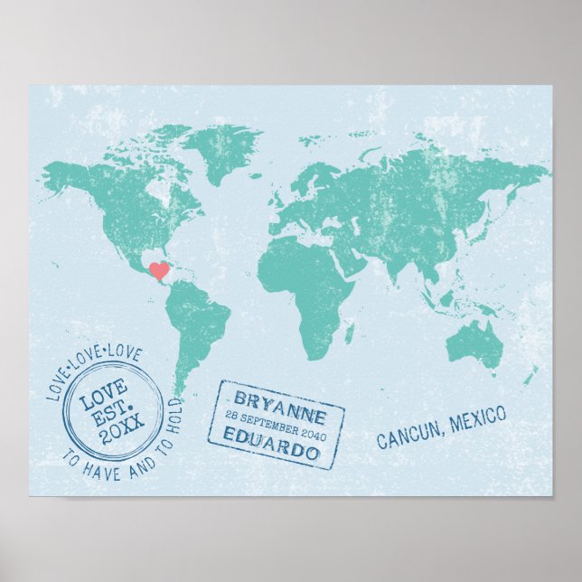 Affiche Carte du monde + Timbres de passeport personnalisé (Devant)