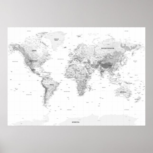 Affiche Carte du monde topographique blanc (Devant)