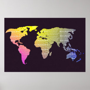 Affiche Carte du monde Typographie décorative Arc-en-ciel