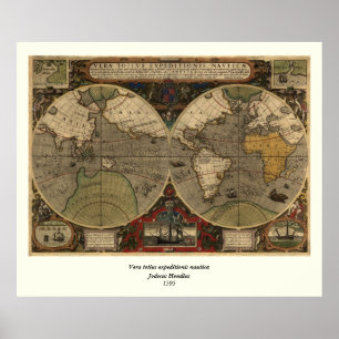 Affiche Carte du monde Vintage 1595 par Jodocus Hondius