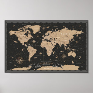 Affiche Carte du monde Vintage Noir Or