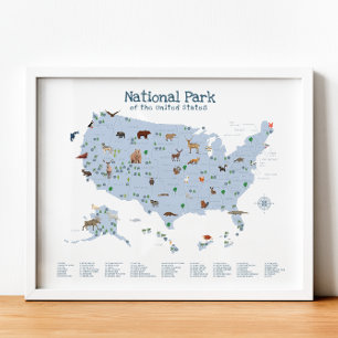 Affiche Carte du parc national bleu Woodland Nursery Impri