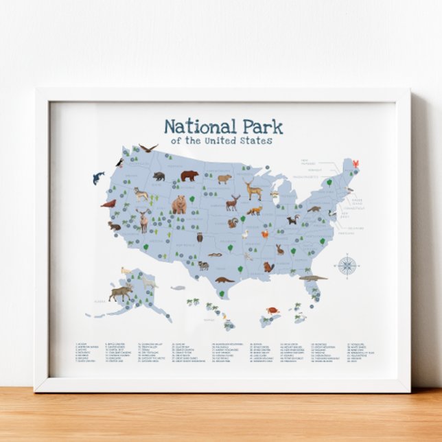 Affiche Carte du parc national bleu Woodland Nursery Impri (Blue National Park Map Woodland Nursery Print)