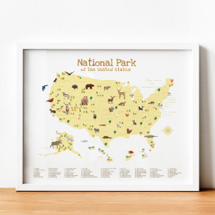 Affiche Carte du parc national Jaune Pépinière de bois Imp