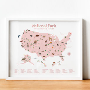 Affiche Carte du parc national rose Pépinière de bois Impr