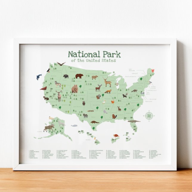Affiche Carte du parc national vert Pépinière de bois Impr (Green National Park Map Woodland Nursery Print)