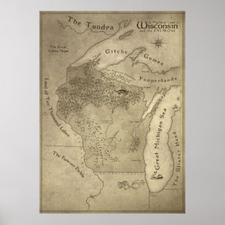 Affiche Carte du pays mythique du Wisconsin