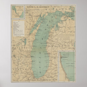 Affiche Carte du phare du lac vintage Michigan (1898)