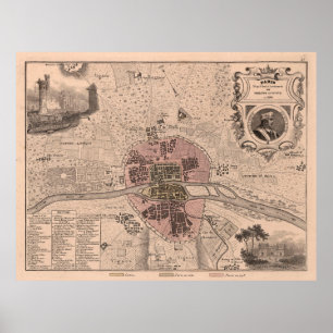 Affiche Carte du Vieux Paris France (1869) Capitale Vintag