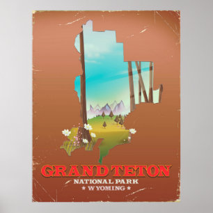 Affiche Carte du Wyoming du parc national du Grand Teton