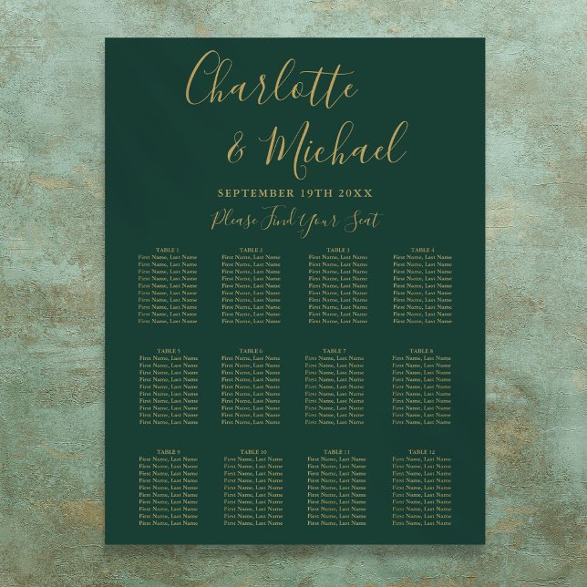Affiche Carte Emerald Green Et Gold Mariage (Emerald Green And Gold Wedding Seating Chart)