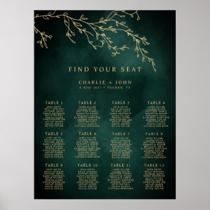 Affiche Carte Emerald Green & Gold Botanical Seating Chart