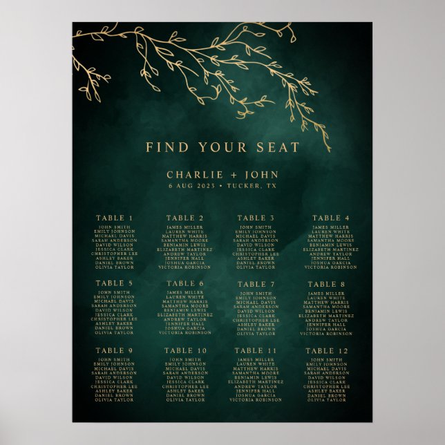Affiche Carte Emerald Green & Gold Botanical Seating Chart (Devant)