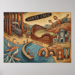Affiche Carte Fantaisiste de Santa Cruz Californie UCSC Bo