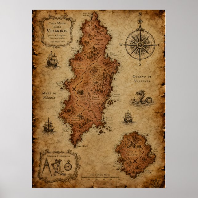 Affiche Carte Fantastique Antique — Île de Velmoris (Devant)