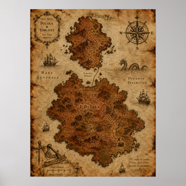 Affiche Carte Fantastique Antique — Îles de Dulsea et Vorl (Devant)