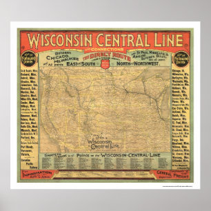 Affiche Carte ferroviaire centrale du Wisconsin 1882