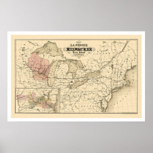 Affiche Carte ferroviaire de La Crosse & Milwaukee 1855