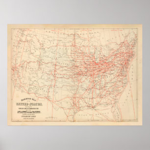 Affiche Carte ferroviaire des États-Unis (1884)