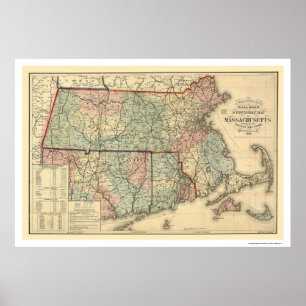 Affiche Carte ferroviaire du Massachusetts 1879