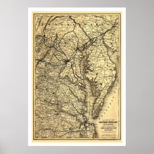Affiche Carte ferroviaire du sud du Maryland 1881