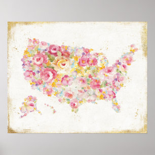 Affiche Carte florale des Etats-Unis