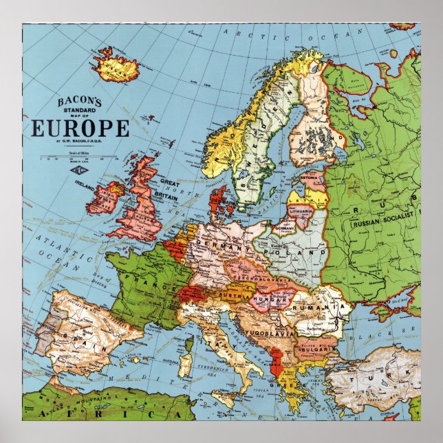 Affiche Carte générale de l'Europe vintage du 20e siècle (Devant)