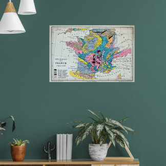 Affiche Carte Géographique Vintage Colorée De France, 1863