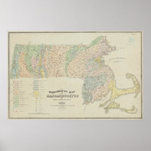 Affiche Carte géologique vintage du Massachusetts (1841)