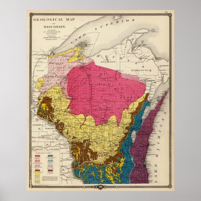 Affiche Carte géologique vintage du Wisconsin (1878) (Devant)