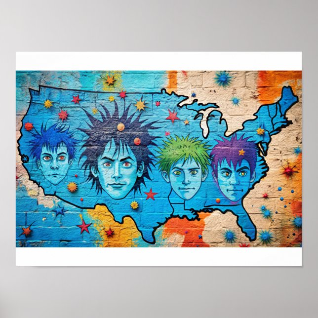 Affiche Carte Grafitti Watercolor USA (Devant)