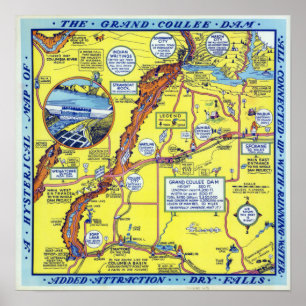 Affiche Carte Hystérique du barrage vintage Grand Coulee