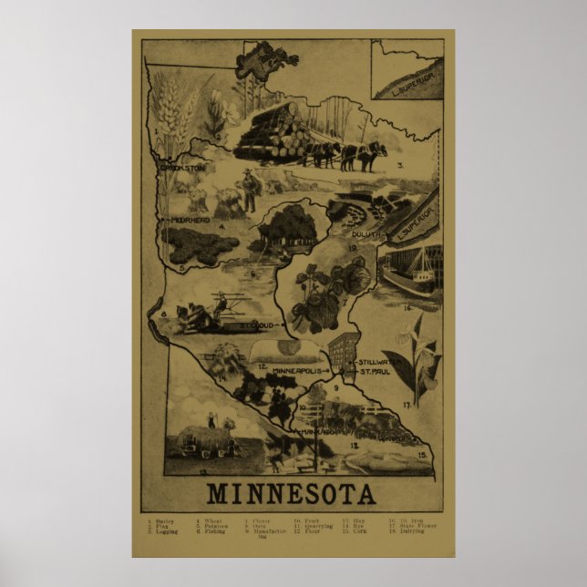 Affiche Carte illustrative du Minnesota vintage (1921) - T (Devant)