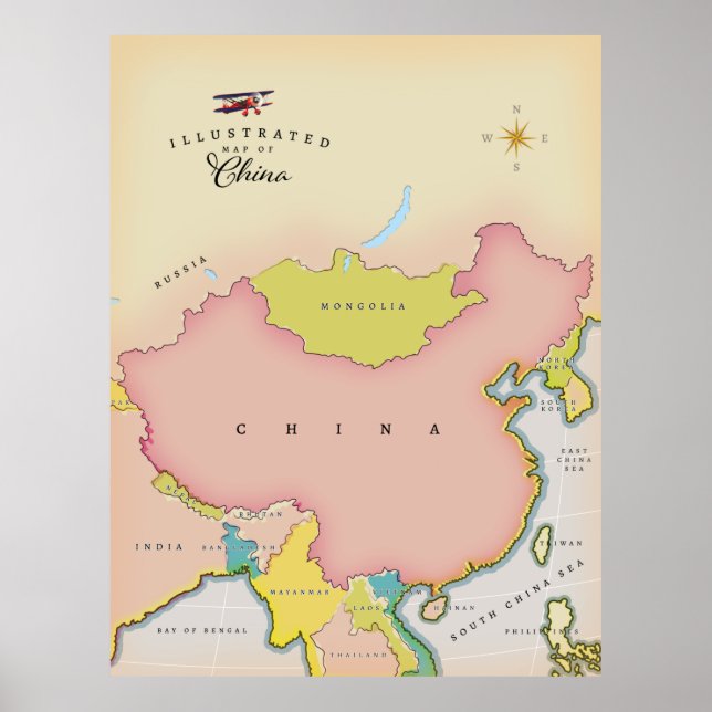 Affiche Carte illustrée de Chine (Devant)