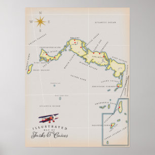 Affiche Carte illustrée de la carte des îles Turques-et-Ca